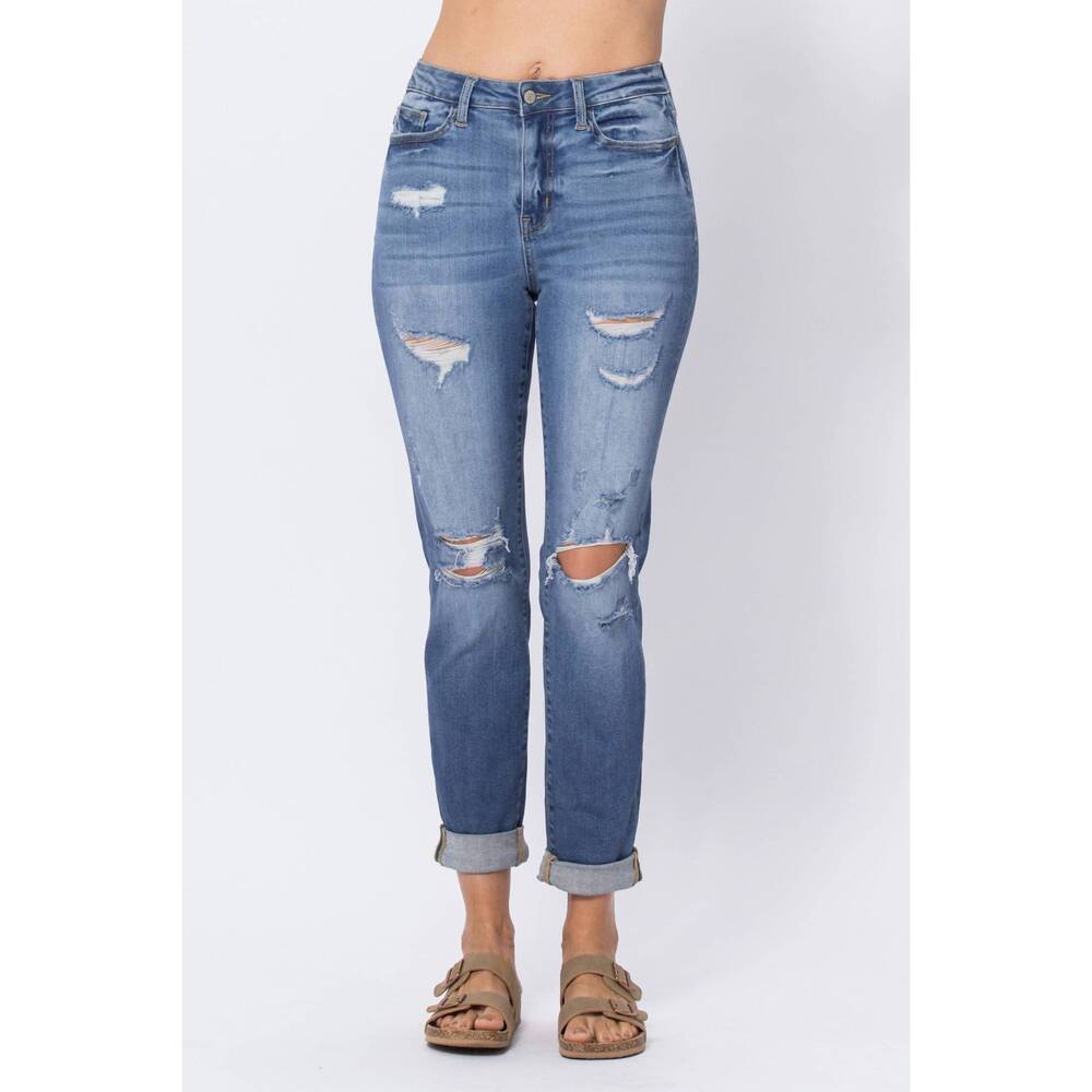 NEW JUDY BLUE high waist cuffed destroyed boyfriend jeans in light blue
